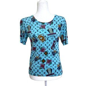 Fun LV Print Short Sleeve Top Blue Floral Knit Size XS/S